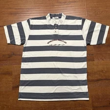 Vintage Hugo Boss T Shirt Mens L Blue Stripe Button Up Embroidered Signal Flags