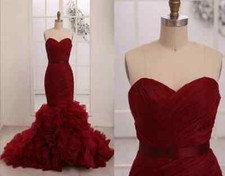 Burgundy Wine Red Mermaid Wedding Dresses Sweetheart Ruched Tulle Bridal Gowns