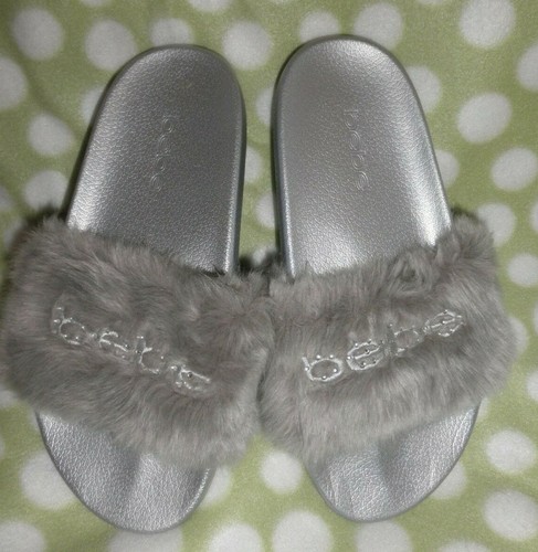 Ladies BEBE Silver Gray Faux Fur u0026 Bling FURIOSA Slipper Slides, sz 8 | eBay