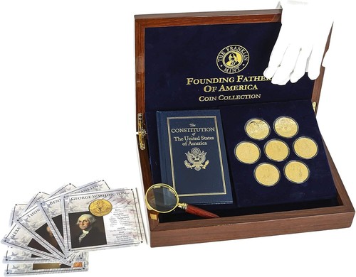 Esclusivo Set Monete Padri Fondatori 7 Pezzi - Rivestito in Oro 24K con Espositore - Foto 3 di 9