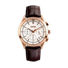 White Brown Mens Watch Rose Gold with Leather Strap and Date UK Stock