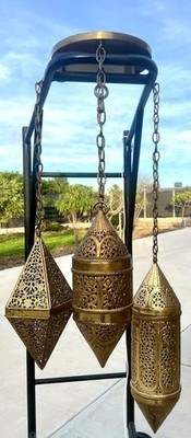 Vintage Moroccan Pierced Brass Lantern Floral 3 Pendant Chandelier Turkish MCM