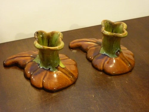 Van Briggle pottery Pr brown leaf / green drip glaze candleholders