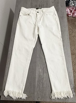 L&B Women s Skinny Mid Rise White Denim Jeans Fringe Hem Ankle 5-Pocket