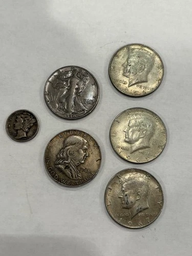 Walking Liberty, Franklin, Kennedy Half Dollar, Mercury 90 / 40 silver, lot of 6