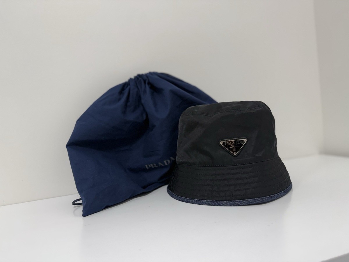 PRADA Re-Nylon Black and Denim Reversible Bucket Hat New