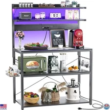 Bakers Rack with Power Outlet, 5-Tier Kitchen Storage Shelf & LED Lights, Black