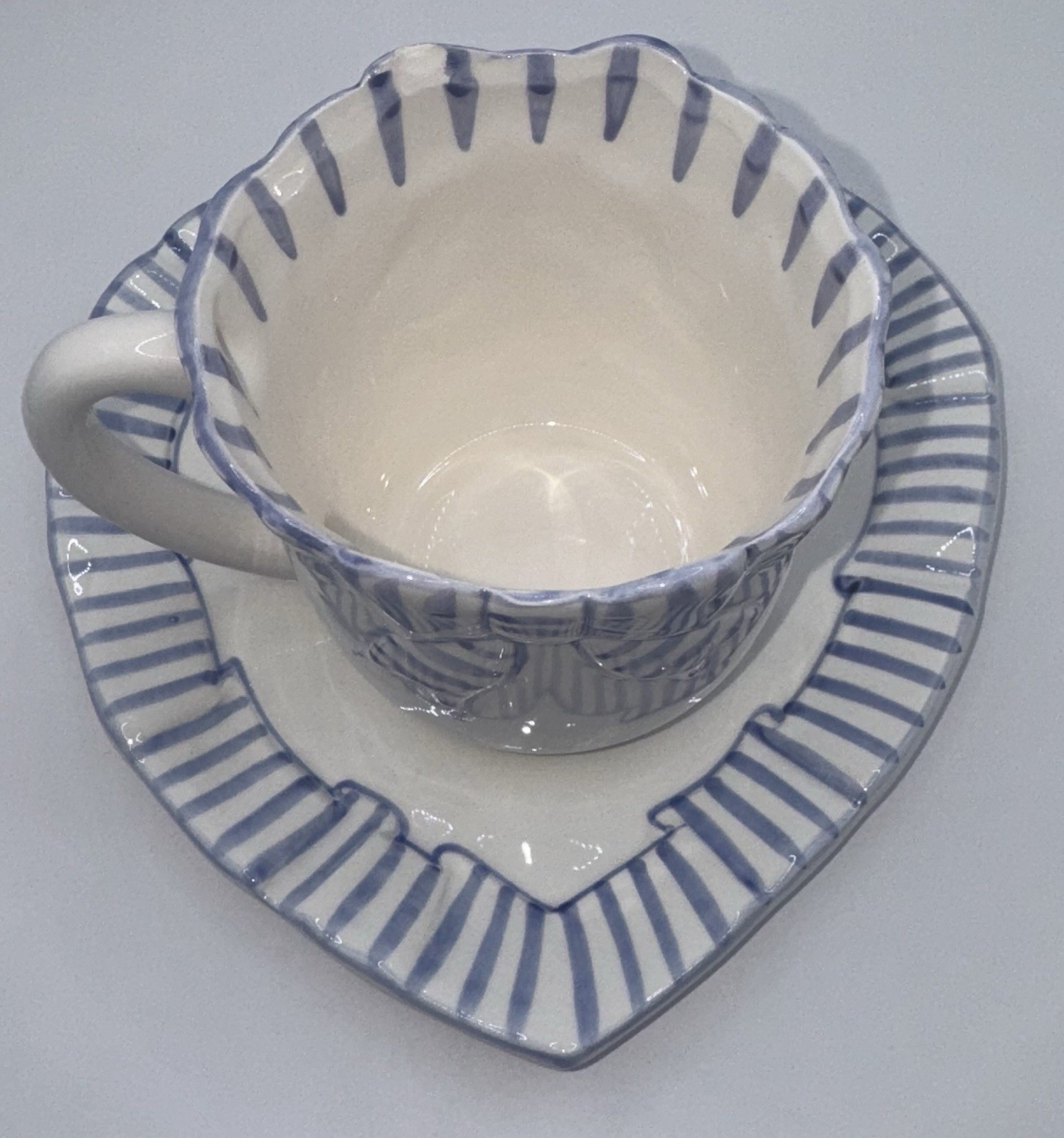 The Haldon Group Plate & Cup Set Blue White Stripes Ribbon Bow 1990 Vintage