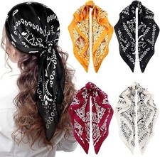 4 Pcs 27'' Square Satin Bandanas For Women Paisley Head Black Wine Yellow Beige