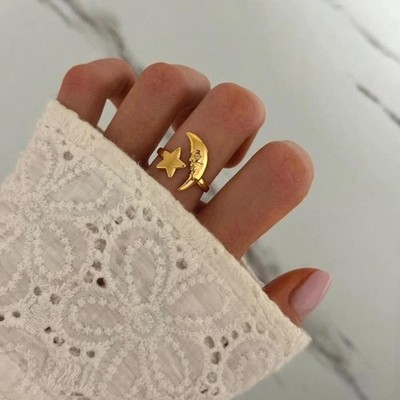 Vergoldeter Ring Sonne Mond Stern Stern Stern Sternbild Himmlisch Statement Boho Handarbeit