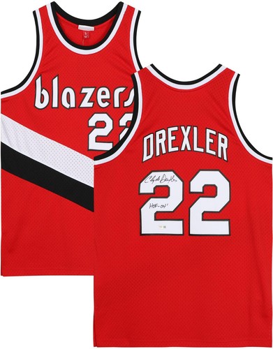Clyde Drexler Trail Blazers Signed Red Mitchell & Ness Swingman Jersey "HOF 04"