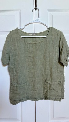 Francesca Bettini Linen Top M Green Made Italy Short Sleeve Pocket Blouse