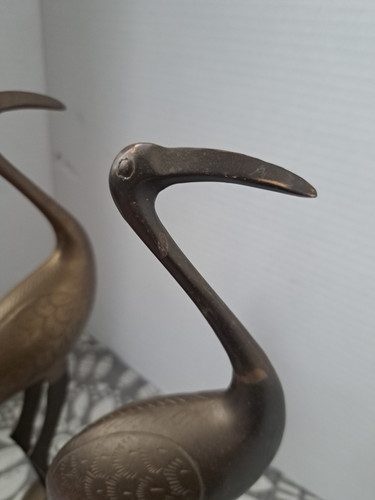 Solid Brass Pair of Crane Heron Egret Bird Sculptures MCM Figures 12” - Imagen 12 de 18