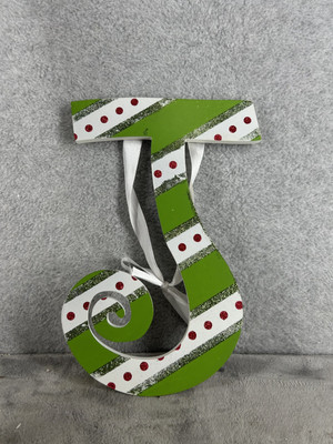 Wall Hanging Letter J Hand Painted Red White and Green Christmas 12'' Tall