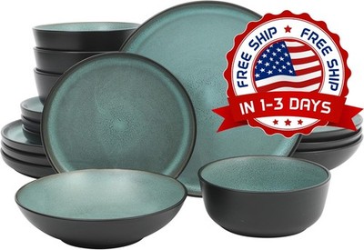 Juego De Platos De Gres 16 Piezas Para Cocina Modernos Negro Mate Y Verde NUEVO.