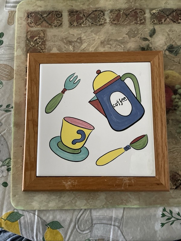 Vintage Tile Trivet Hot Plate Wall Art Hanging in Oak Frame "Coffee" 7.5"x 7"