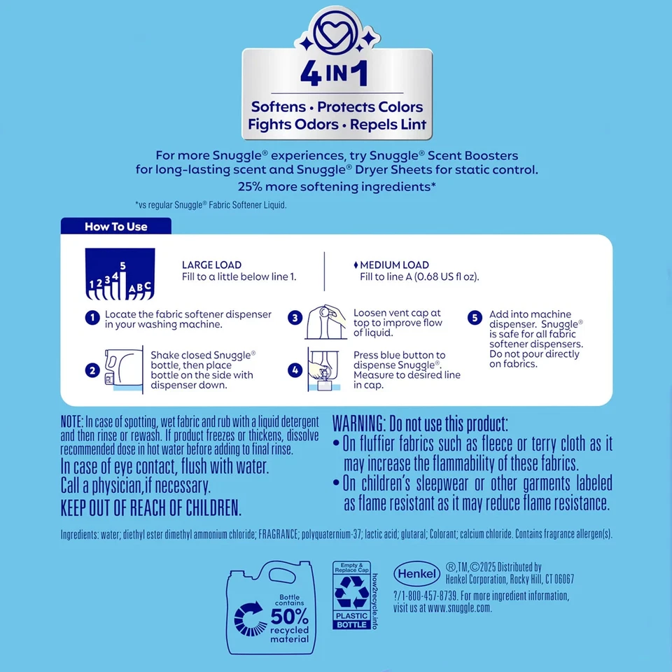 Suavizante líquido de telas Snuggle Advanced Softness, Blue Sparkle 259 cargas, 176 oz Foto 2 de 4