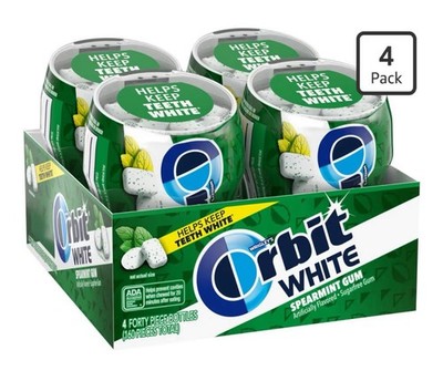 ORBIT Gum WHITE  Spearmint Sugar Free Chewing Gum, 40 Piece Bottle (4 Pack)