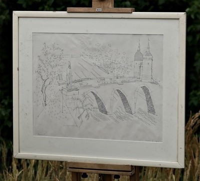 Heidelberg   signed print of Old Bridge and city view, architectural style