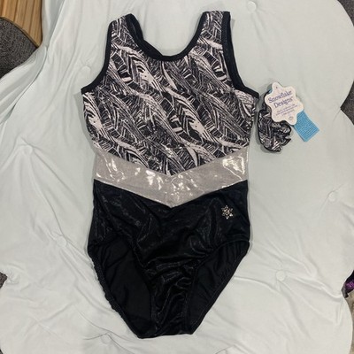 NWT Snowflake Designs Girls Silver & Black Gymnastics Leotard Size Adult Medium 