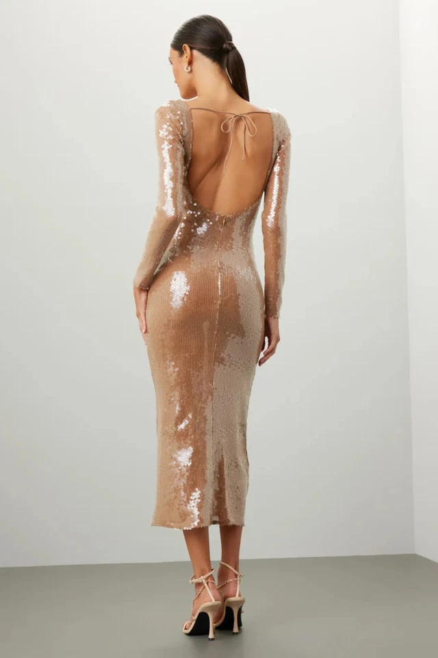 Bardot Verona Long-Sleeve Sequin maxi dress Nude Size XS - Image 3 of 4