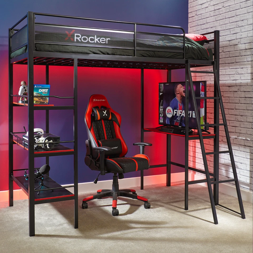 X ROCKER Fortress High Sleeper Gaming Bed Single Bunk Bed with Storage Shelves