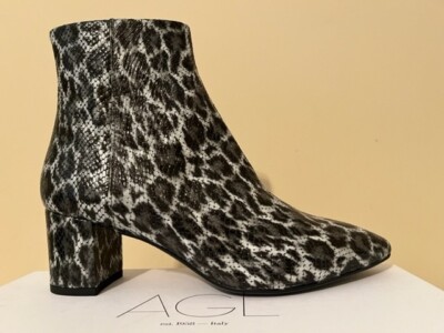 AGL MARETTE SNAKE EMBOSSED LEOPARD PRINT LEATHER ANKLE BOOTS SZ 38.5/8.5 IN NERO