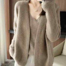 Cardigans Women V-Neck Knitted Two-piece Set Sweater Warm Office Lady Cardigan