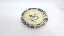 Rowe Pottery Miniature Plate Dish Sponge ware around the edge, and bird 3"