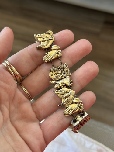 Vintage Plättchen Bettelarmband goldfarben Metall Engel Herz 7 Zoll - Bild 2 von 3