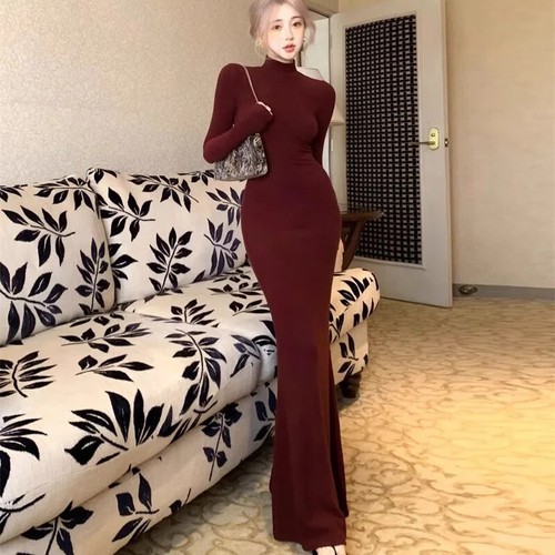 Women Sexy Slim Fit Thin Dress Lady Comfortable High Neck Long Sleeve Dress - Bild 16 von 18