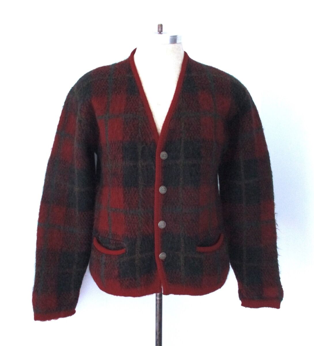 Vtg 50s 60s Jantzen Red Plaid Mohair Cardigan Grunge Cobain Vtg 50s 60s Jantzen Red Plaid Mohair Cardigan Grunge Cobain