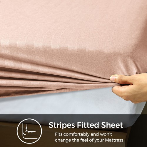 Satin Stripe Fitted Sheet 25cm Microfiber Hotel Quality Double Striped All Size - Picture 75 of 114