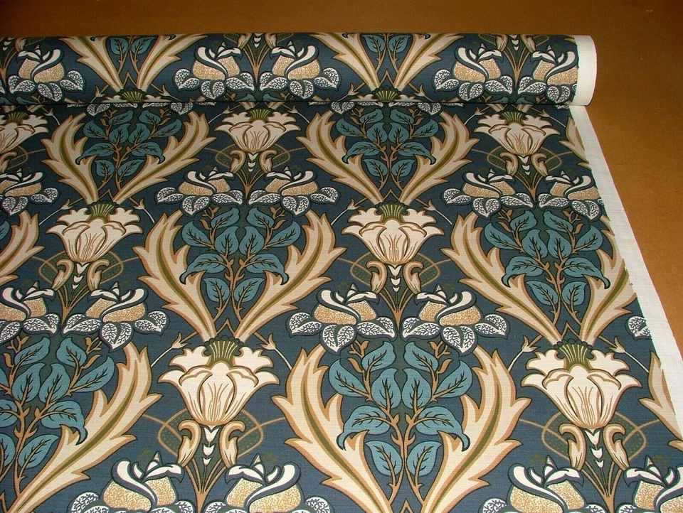 10 Metres Art Nouveau Acanthus Navy Blue Cotton Curtain Upholstery Blind Fabric - Image 4 of 4