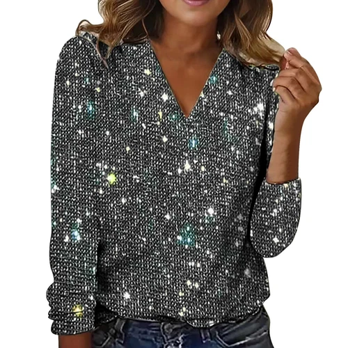 Mujeres Lentejuelas Brillo Cuello en V Prendas para el torso Damas Noche Fiesta Blusa Camiseta Talla - Imagen 16 de 45