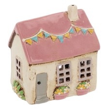 Village Pottery Garden Flags House Cream with Pink Roof Flowers Tealight 340286