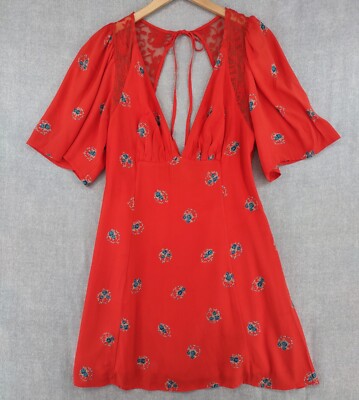 Free People Dress Womens Orange Mockingbird Backless Mini Rayon Lace  V-Neck