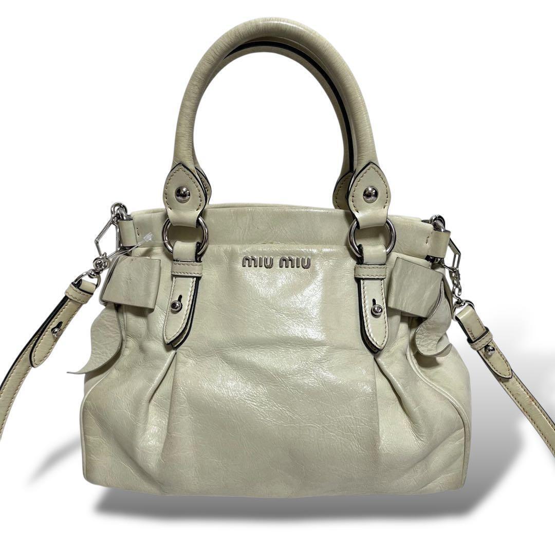 MIU MIU Vitello Lux 2-Way Ribbon leather Handbag Gray Used MIU MIU Vitello Lux 2-Way Ribbon leather Handbag Gray Used