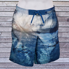 Joe Boxer Boy's L Swim Trunks Large 10/12 Blue Beach Palms Mesh Lined Pockets