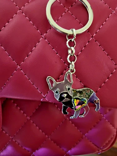 French Bulldog Dog Rhinestone Heart Bag Charm Keychain Clasp Gift - SUPER CUTE!
