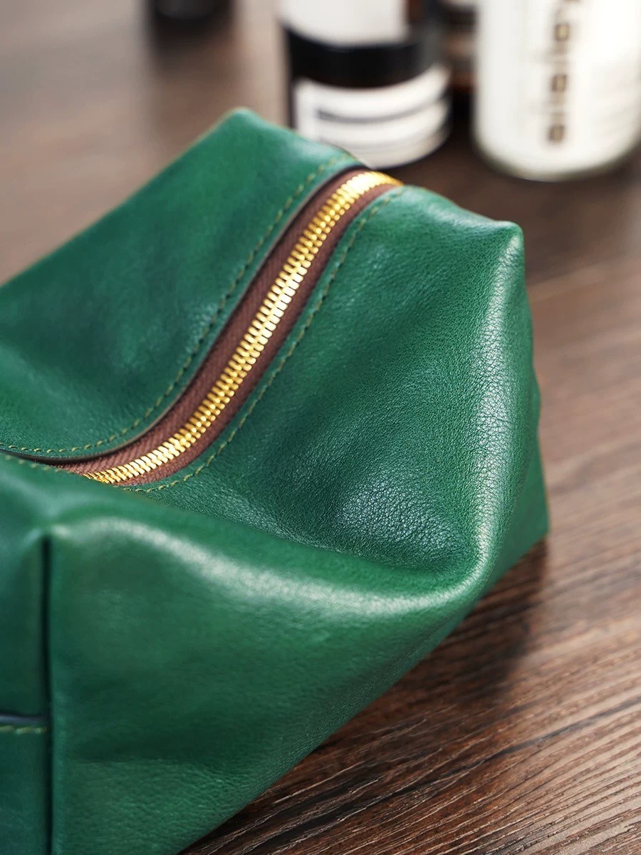 Green Leather Toiletry Bag | Vintage Style Travel Makeup Bag | Retro Organizer