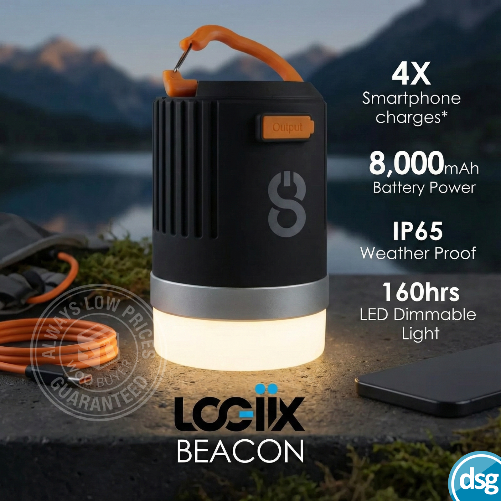 LOGIIX Power Beacon Portable Battery Power Bank with Light IP65 8000mAh Black