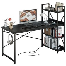 55 Inch Computer Desk with Power Outlet USB Charging Storage Shelves Black