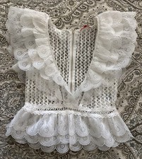 White Lace Sleeveless Deep V Neck Top Scalloped Edges Back Zipper Sz M Feminine