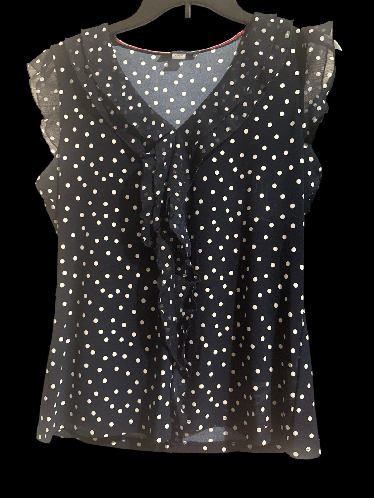 Tommy Hilfiger Women's Navy White Polka Dot Sleeveless Ruffle Blouse Size M