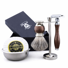 5pcs Maroon Antique Shaving Kit with Badger Hair Shaving Brush  DE Safety Razor