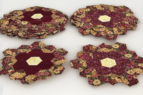32 Unfinished Flower Quilt Blocks 10” Burgundy Floral Patchwork Sewing Lot