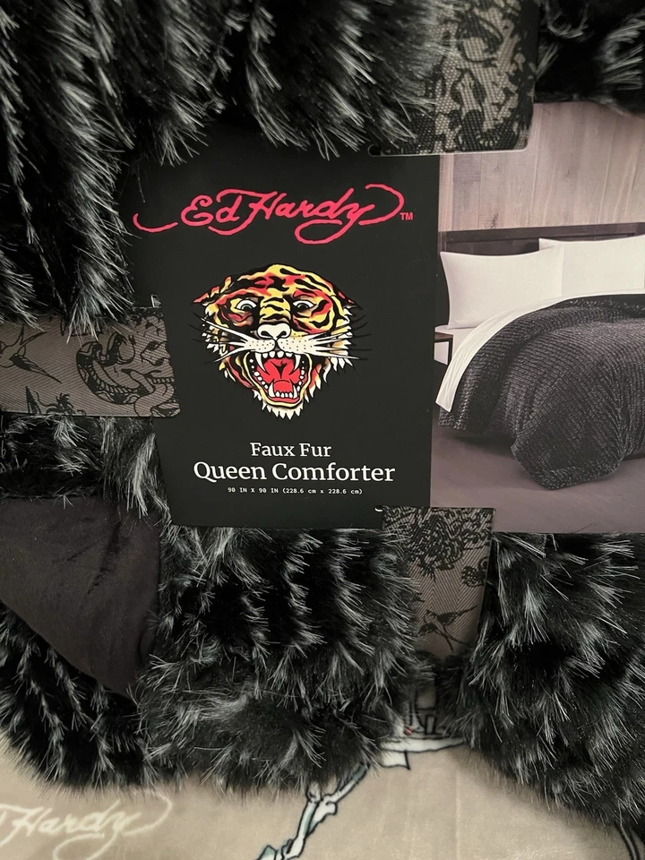Ed Hardy Queen Faux Fur Comforter Black White w/6pc Queen Satin Sheet Set Black - Image 2 of 4