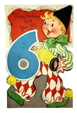 Vintage Fairfield 6th Birthday Card Die Cut Clown Age 6 Made in USA