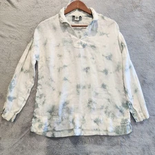 Rachel Zoe White Green Tie Dye 100% Linen Blouse Size Small Lagenlook Coastal